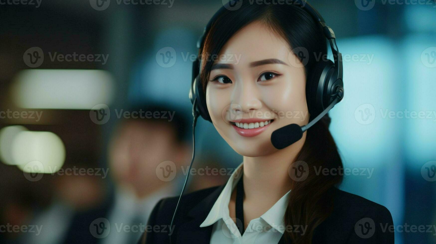 Asian young friendly call center worker wearing a headset and microphone. Generative AI photo