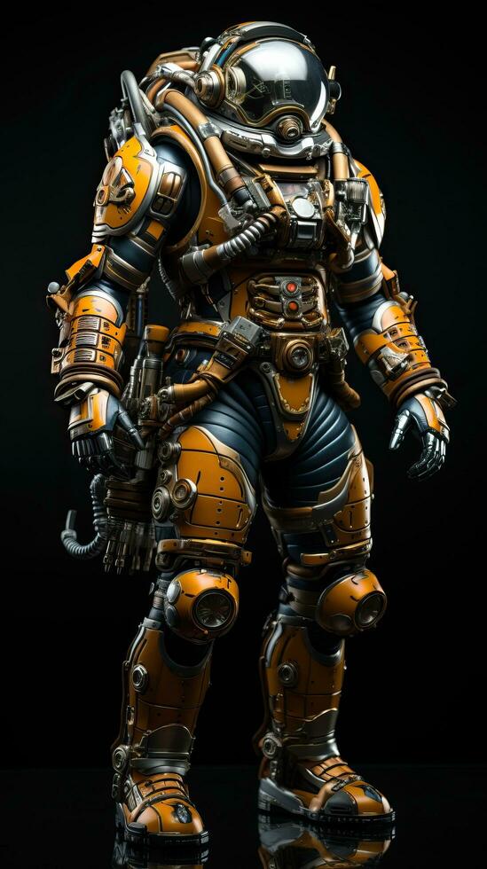 Close-up of a orange metal robot with black background. Generative AI photo