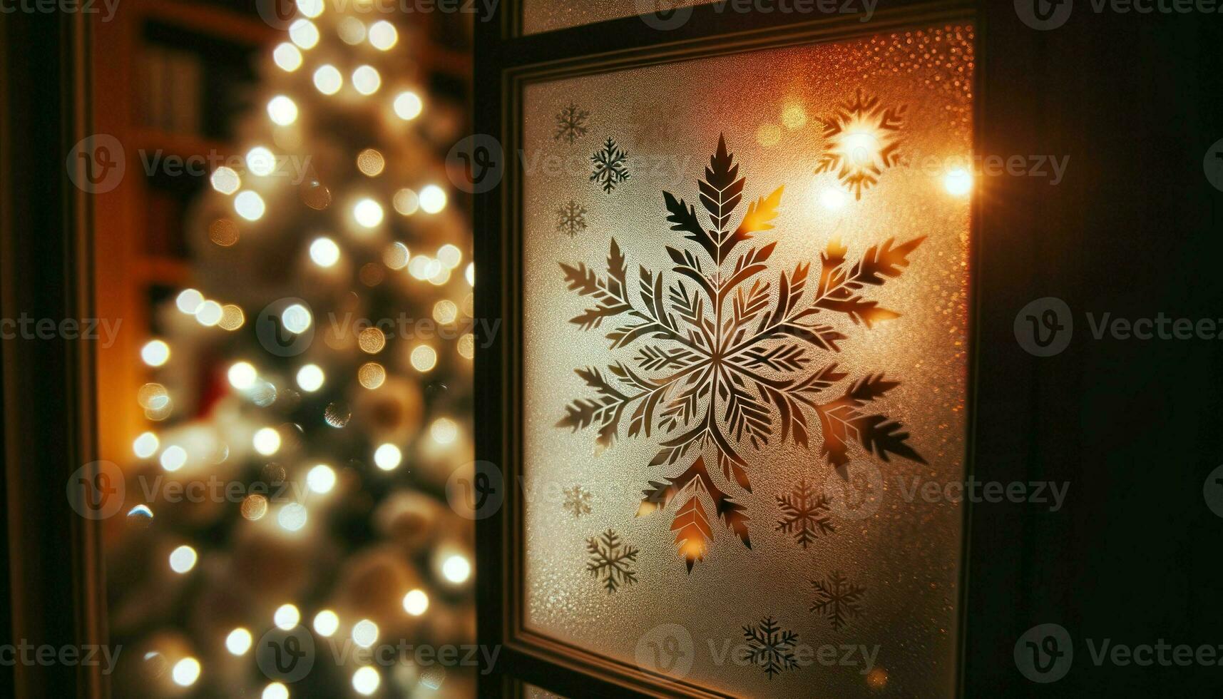 Close-up photo of a frosted window pane with a delicate snowflake pattern, illuminated by the warm glow of Christmas lights from the inside.. Generative AI