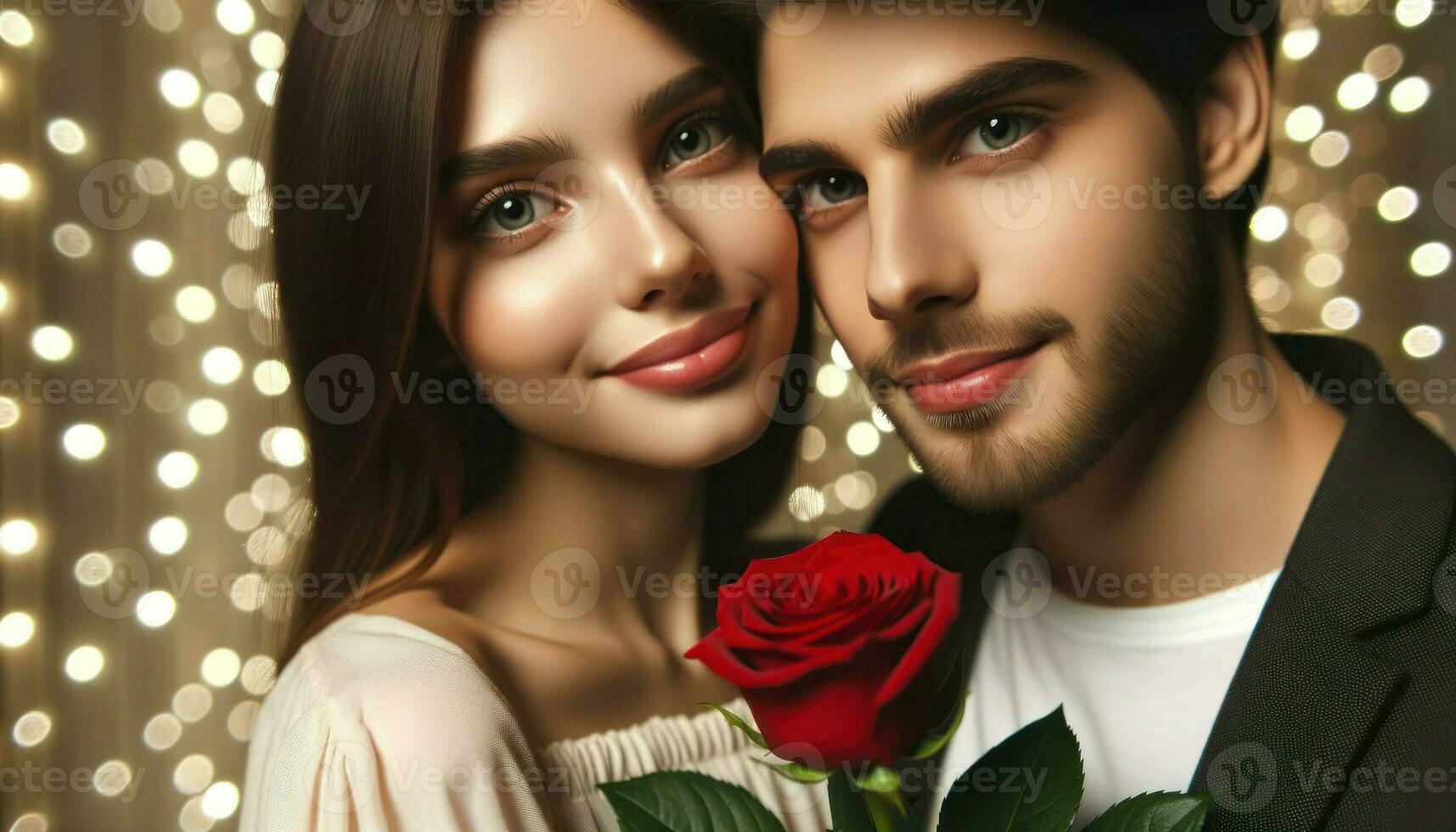 Close-up photo of a young couple, their faces close together, eyes locked in a loving gaze. The woman has a soft smile, holding a single red rose.. Generative AI