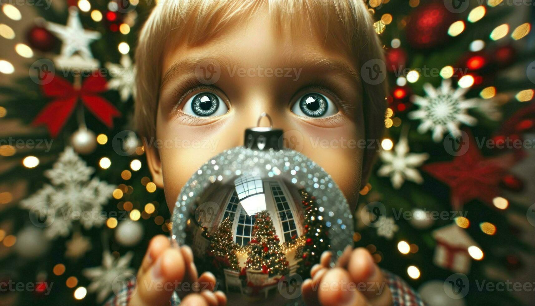 Wide close-up of a child's face, eyes wide with wonder, looking at a sparkling Christmas ornament.. Generative AI photo