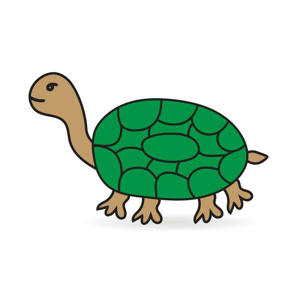 Cute and funny green turtle with brown shell. Side view of happy tortoise character standing isolated on white background. Childish colored flat vector illustration.