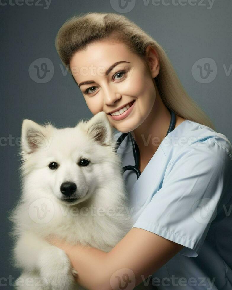un veterinario mujer participación un perro. generativo ai foto