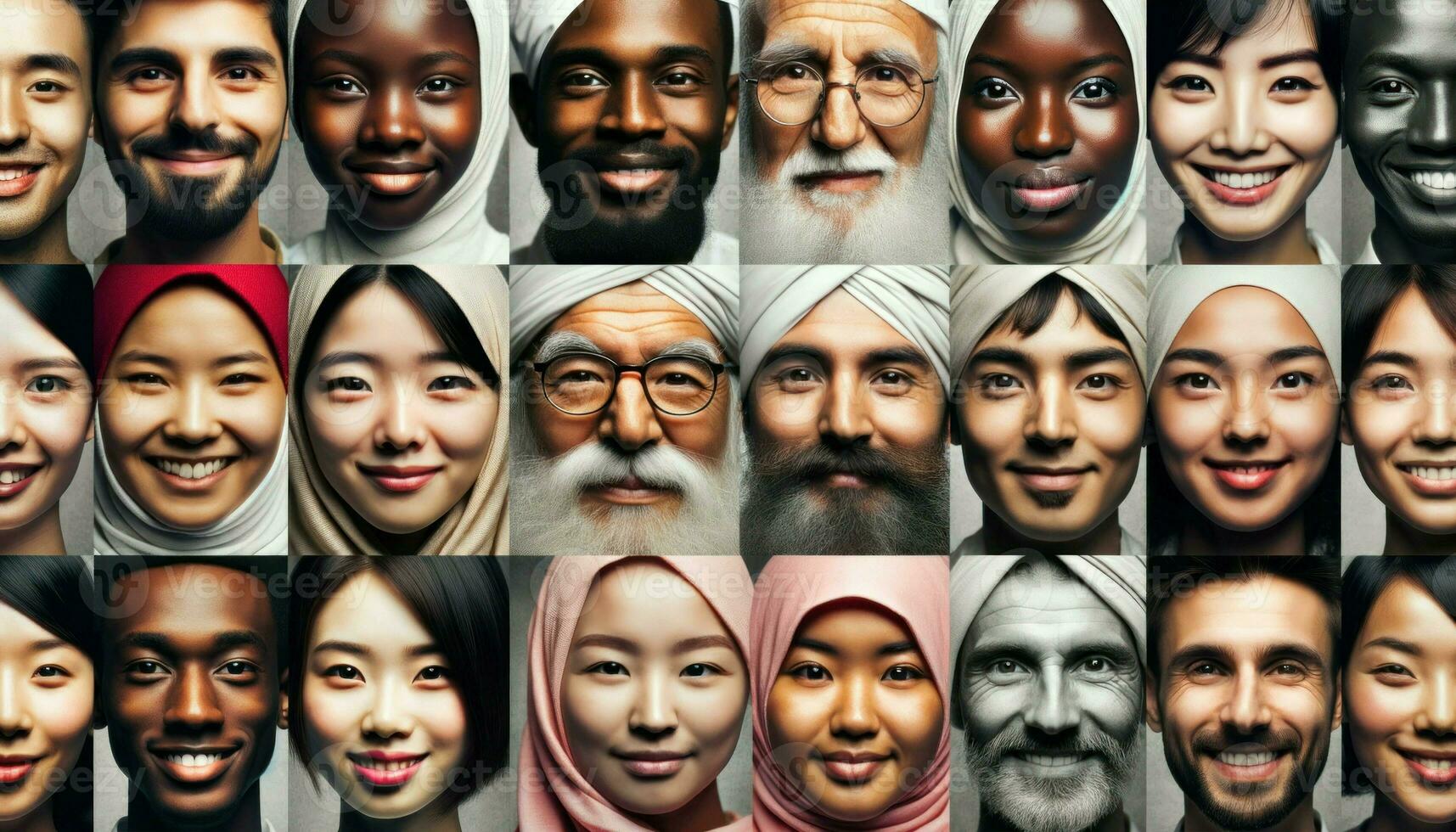 Close-up photo of a collection of faces from multiple ethnic backgrounds. Generative AI