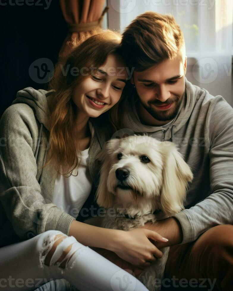 A happy couple posing with their dog. Generative AI photo