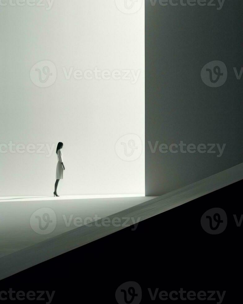 A minimalist shot of a woman walking in a dimly lit room.. Generative AI photo