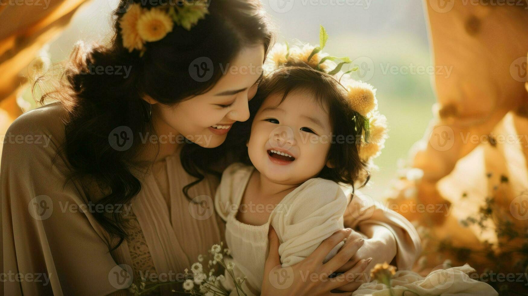 Asian mother and her little daughter wearing a crown full of flowers. Generative AI photo