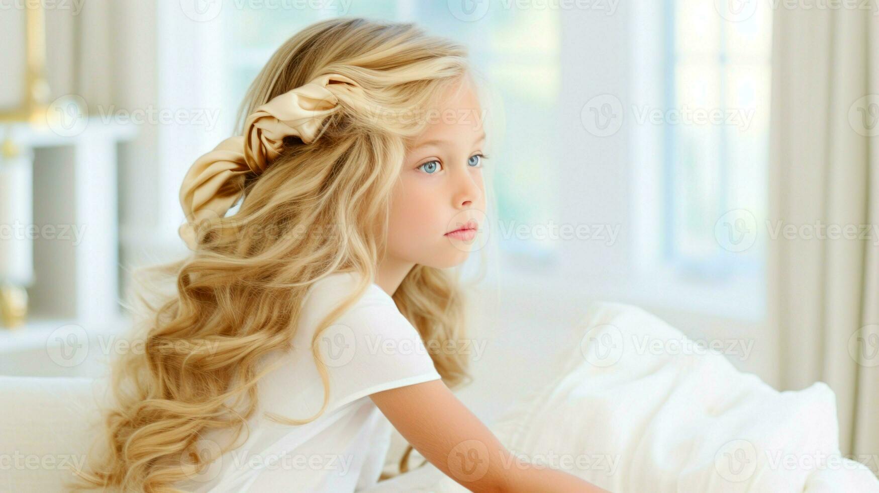 Close-up of a young girl with intricate braided hair and a serene expression.. Generative AI photo