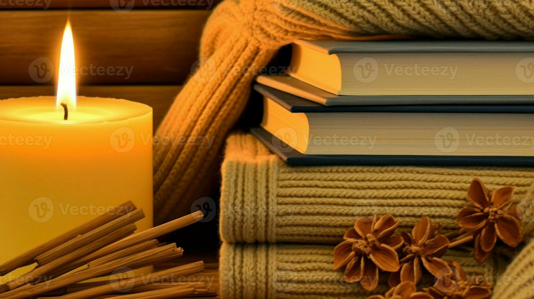 Folded warm clothes, with a book and a candle, emphasizing comfort.. Generative AI photo