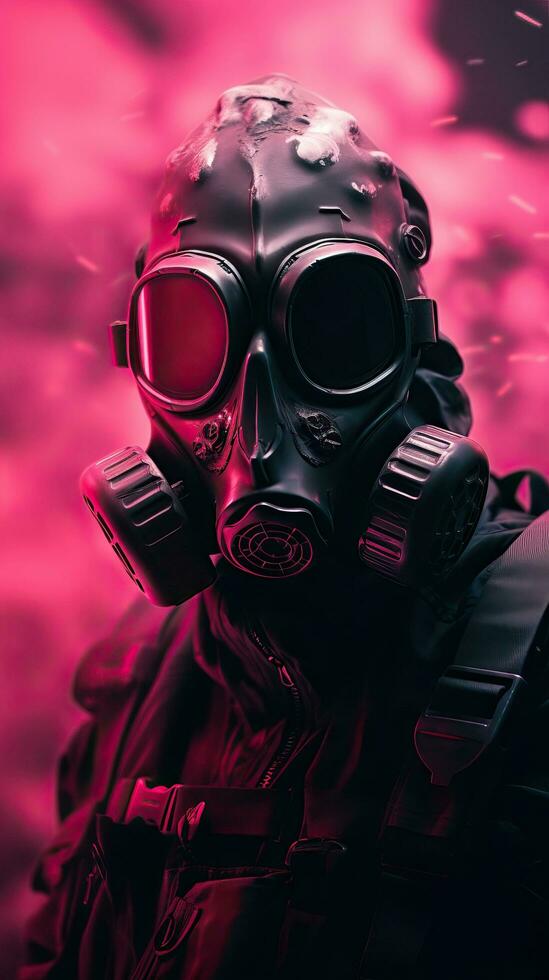 Cyberpunk character wearing gas mask with pink theme. Generative AI photo