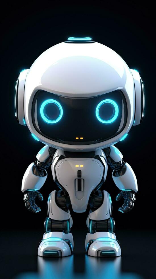 Cute futuristic small white robot with dark background. Generative AI photo