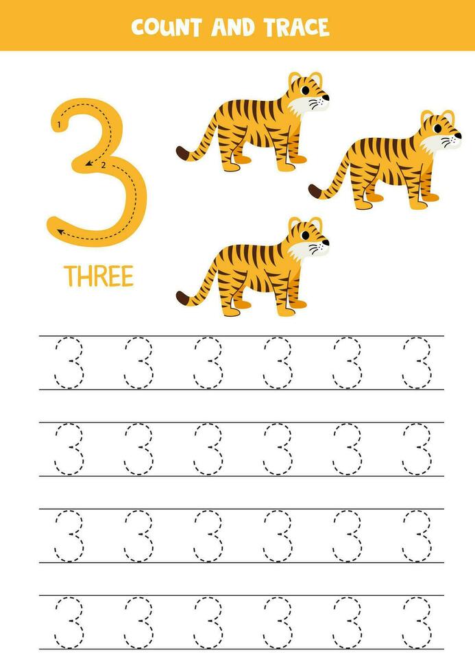 Trace numbers. Number 3 three. Cute cartoon tigers. vector