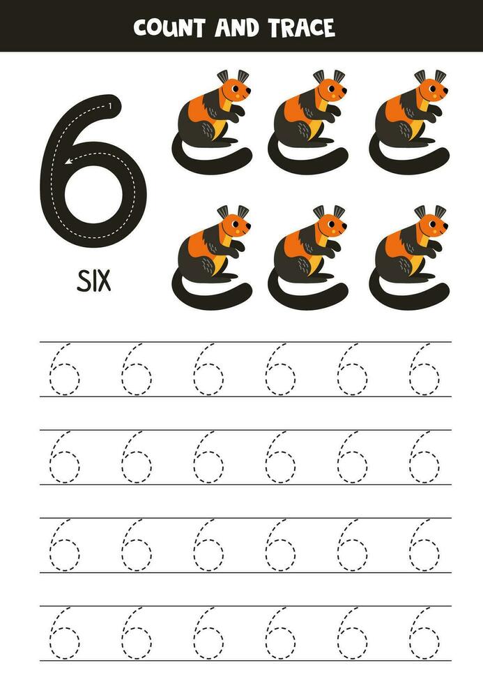 Trace numbers. Number 6 six. Cute cartoon giant squirrels. vector