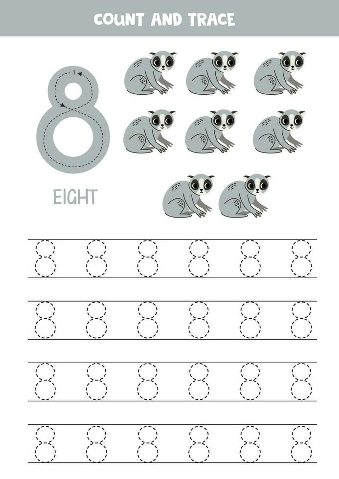 Trace numbers. Number 8 eight. Cute cartoon slow loris. vector