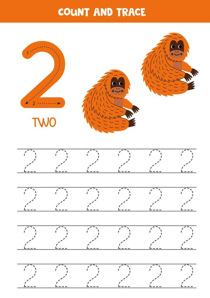 Trace numbers. Number 2 two. Cute cartoon orangutan. vector