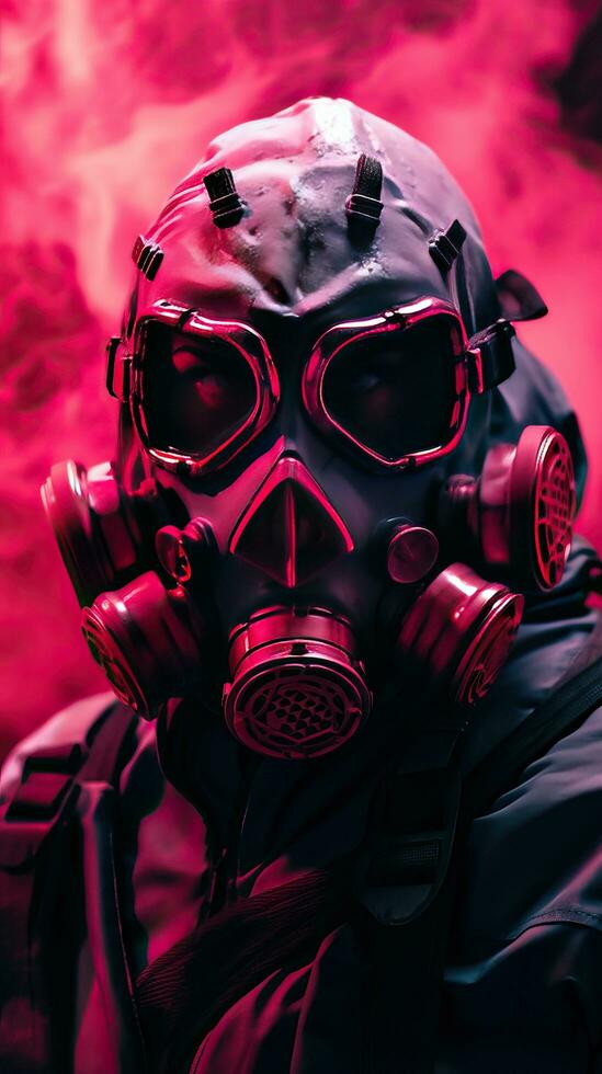 Cyberpunk character wearing gas mask with pink theme. Generative AI photo