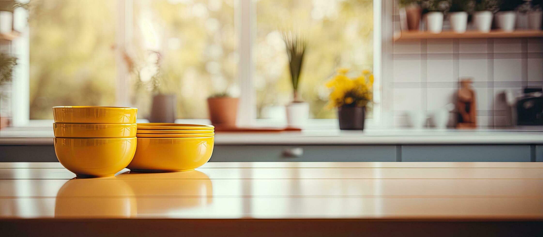 Kitchen and yellow table with blurred background photo