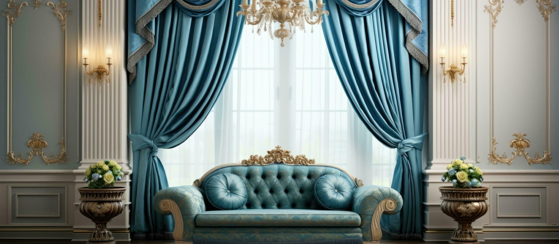 Decorating the living room with classical palace style blue curtains and matching accessories photo