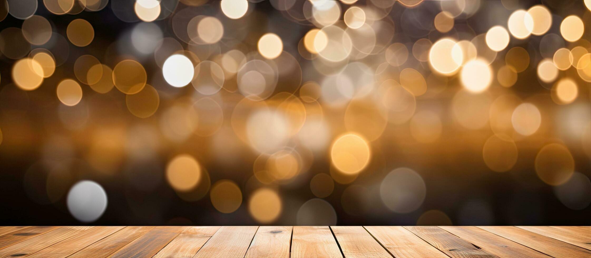 Blurred bokeh or store background seen through a wooden tabletop photo