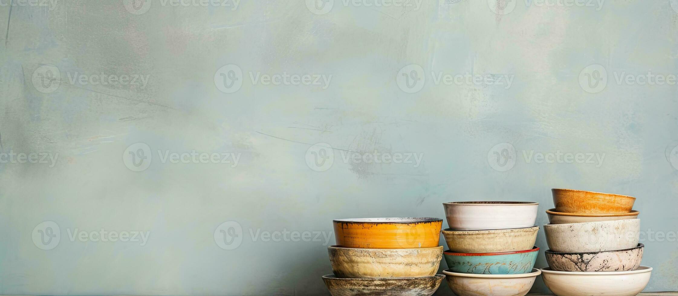 de madera mesa con bochas y vajilla apilado en contra un gris pared foto