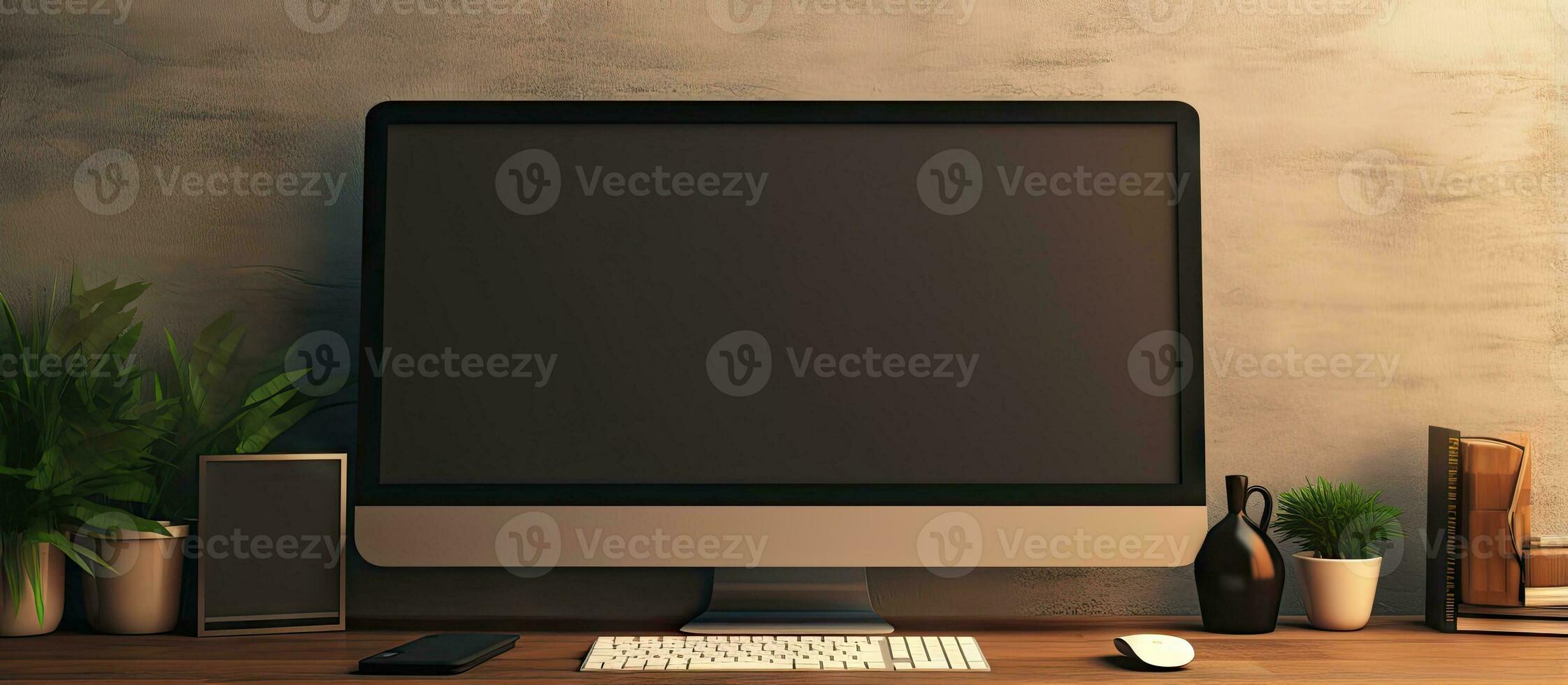 a designer desktop with black computer screen representing workplace and lifestyle photo