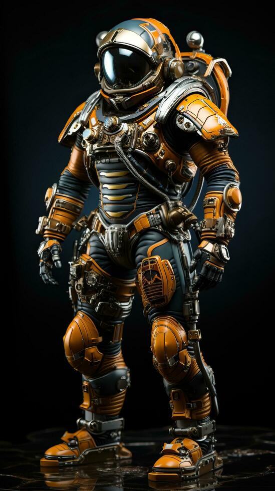 Close-up of a orange metal robot with black background. Generative AI photo