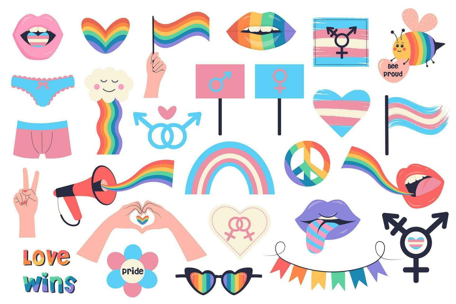 LGBTQ and transgender visibility set of symbols. LGBTQ set. Rainbow icons of the LGBT pride community. Pride month, bisexual, transgender, gender equality, rights concept. vector