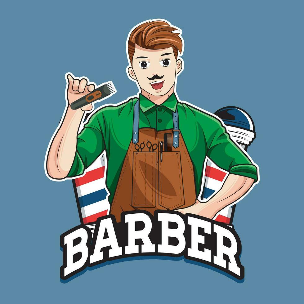 Cheerful barber with beard trimmer. Mascot character logo. Vector illustration
