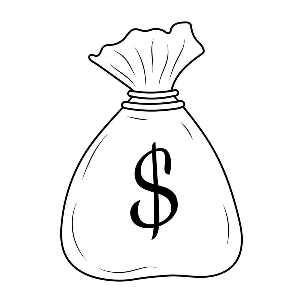 Money bag with dollar sign. Linear doodle icon. Wealth, success, bank or finance concept. vector