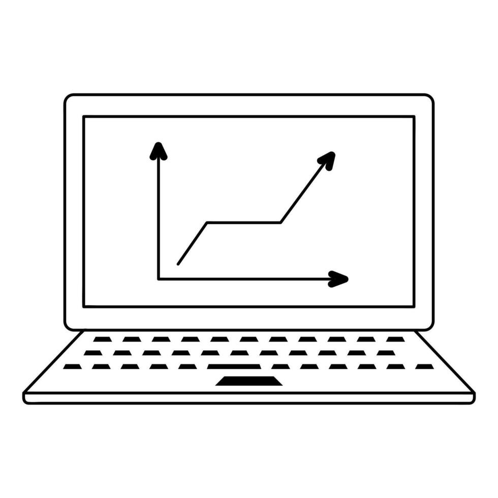 Laptop with growing graph with arrow. Linear icon. Success, business strategy, making goals or achievement concept. vector