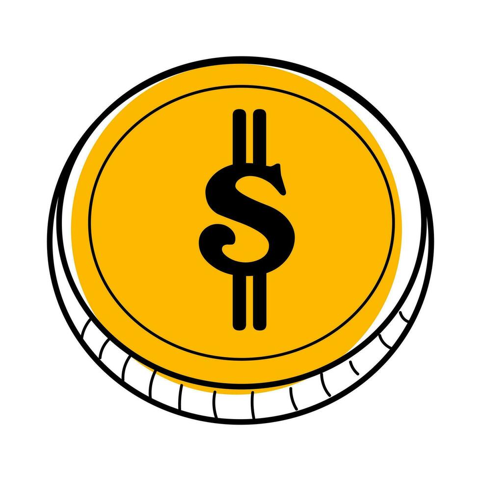 Dollar coin linear icon with yellow shape. Vector doodle illustration.