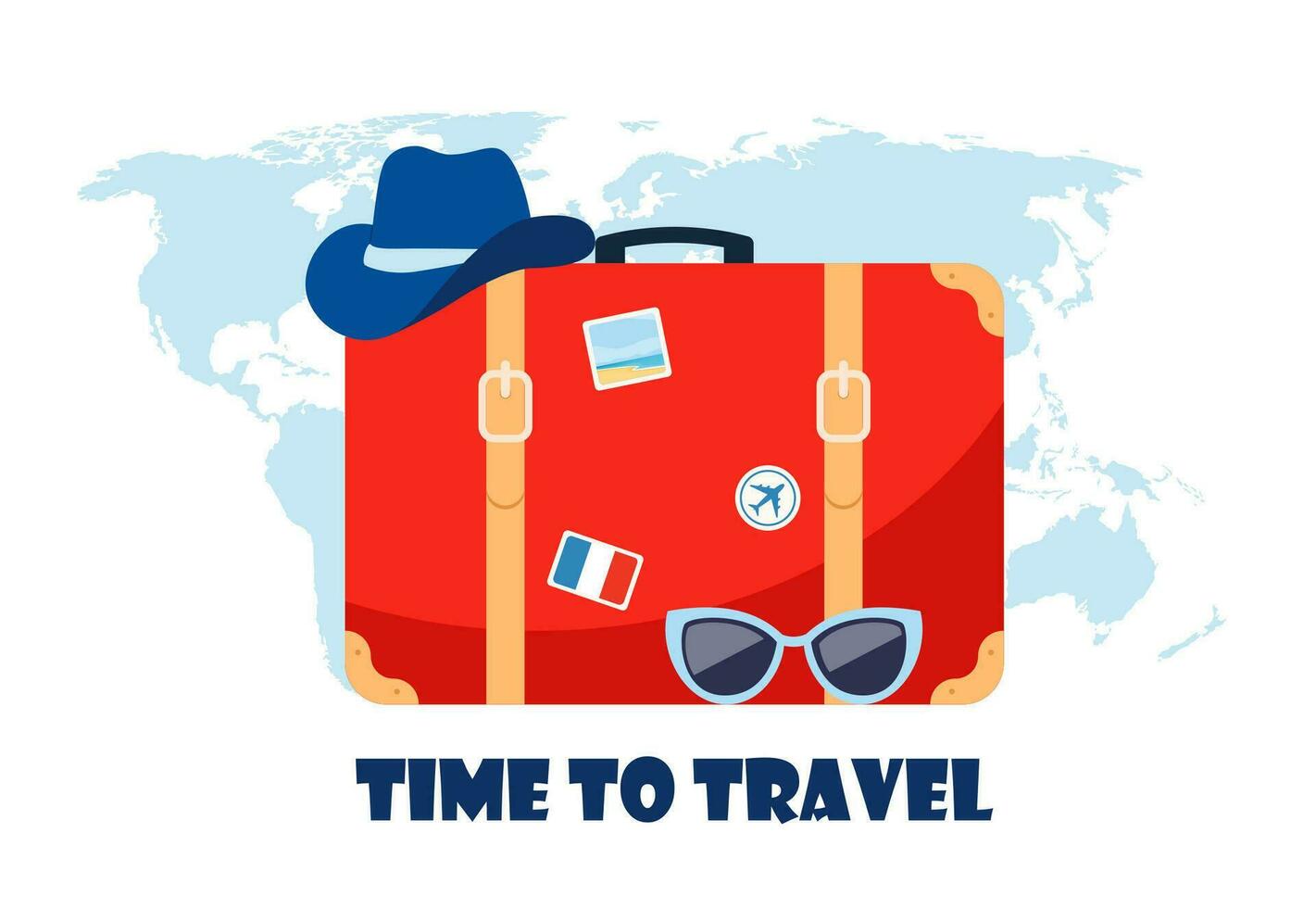 Retro suitcase, hat and sunglasses on world map background. Time to travel text. Travel concept for poster, banner. Vector illustration.