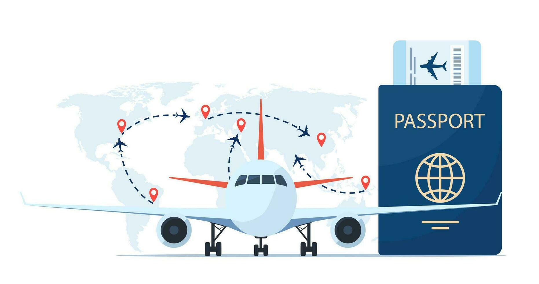 aeronave, pasaporte con aire boleto, mundo mapa con vuelo rutas y patas marcador. hora a viaje concepto. de viaje por avión. internacional vuelo. vector ilustración para póster, bandera.