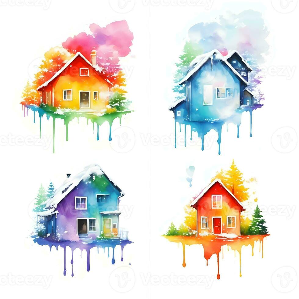 Colorful watercolor houses with dripping paint.  isolated on white background. photo