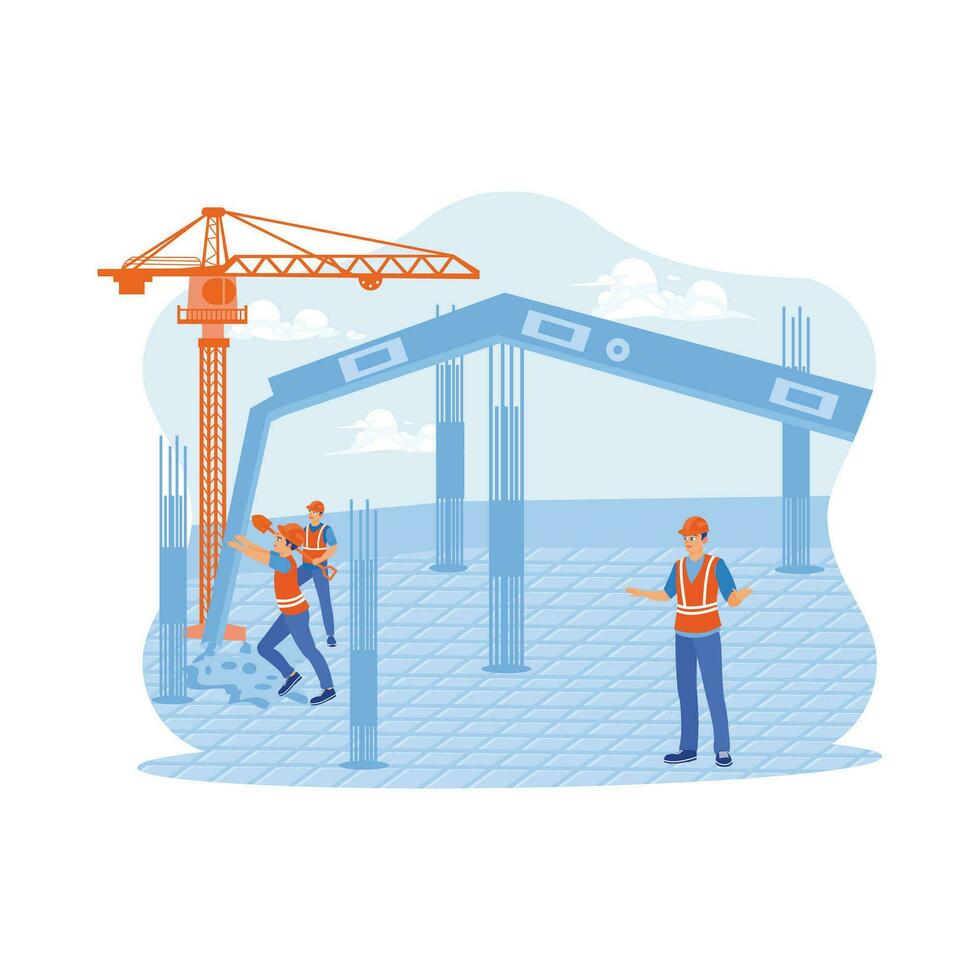 Civil architect engineers inspect and work on building sites of outdoor structures. Workers are in the process of casting support pillars. Architect and engineer construction concept. vector