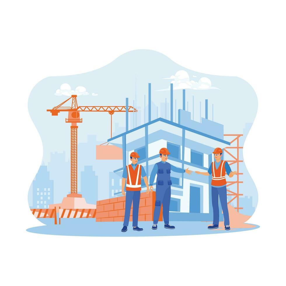 The construction team is working on a building project. The contractor and work team discuss and assess the construction process at the project site. Architect and engineer construction concept. vector