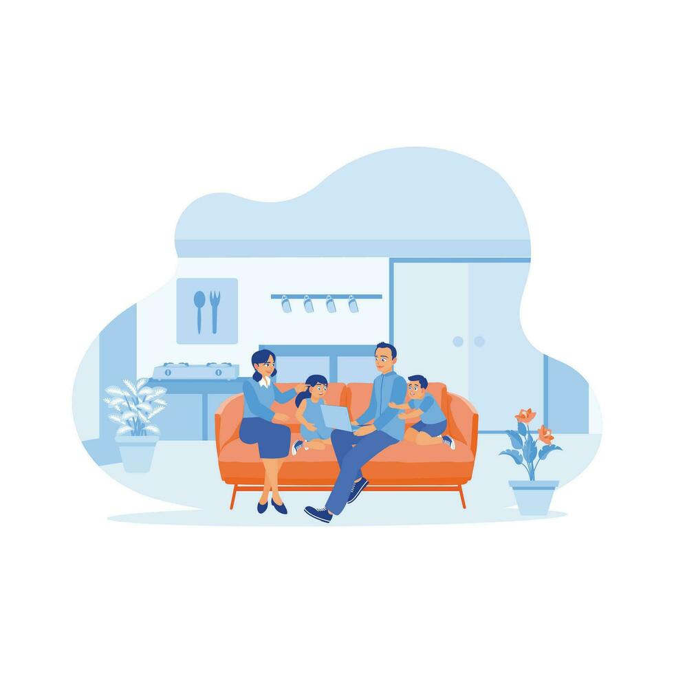 Happy family enjoying a weekend at home. They sat together on the sofa and had fun while playing on their laptop in the kitchen at home. A couple of happy, funny parents concepts. vector