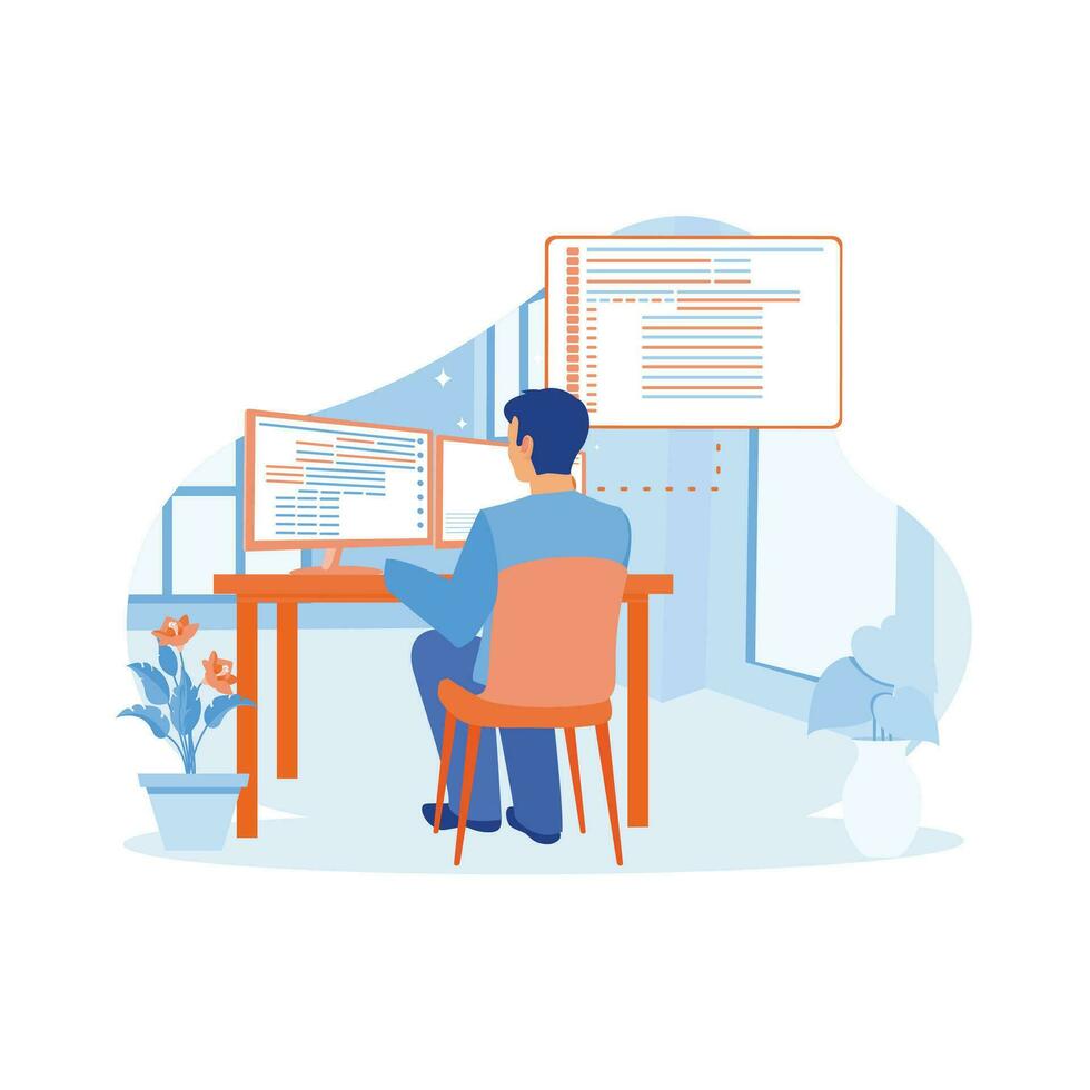 computadora ingenieros desarrollar programación y codificación tecnología en el oficina. programadores trabajando en el oficina de un software desarrollo compañía. software desarrolladores concepto. vector