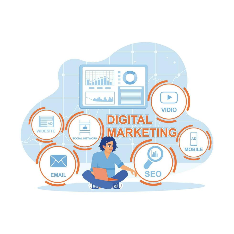 Business people use a laptop to create digital marketing concepts. Marketing icons on laptop screen team analysis return on investment and Pay Per Click dashboard. Marketing concept. vector