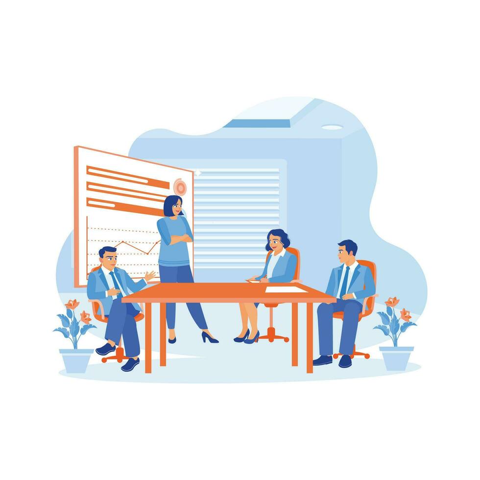 Senior woman CEO and multicultural business people discussing company presentation at meeting room table. Diverse work team working in modern office. Business people in office workplace concept. vector
