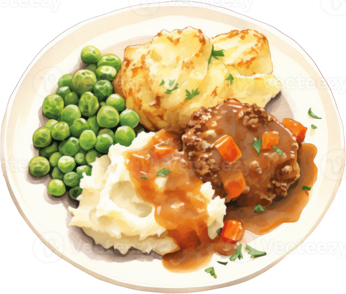 Dish of ground meat, vegetables, and mashed potatoes. AI Generated png