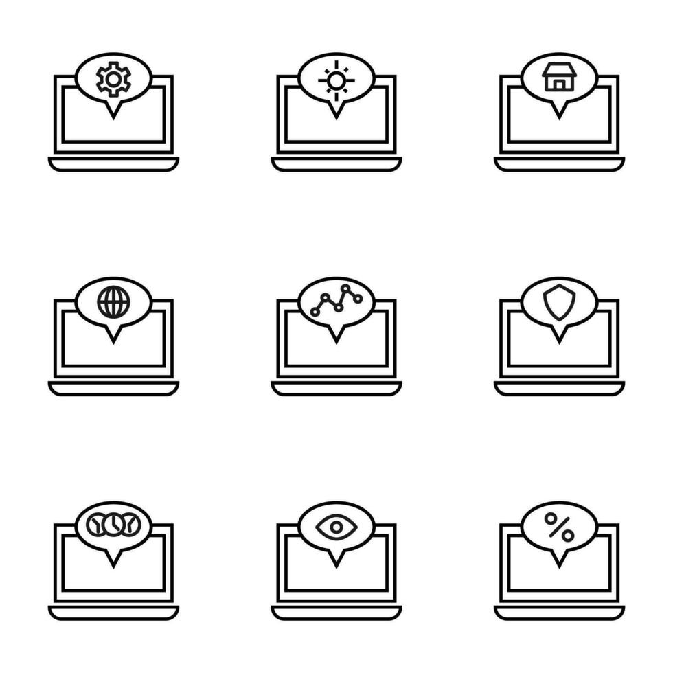 Set of signs for UI, adverts, books drawn in line style. Editable stroke. Icons of gear, sun, house, planet, progress, shield, clock, percent, eye on laptop vector