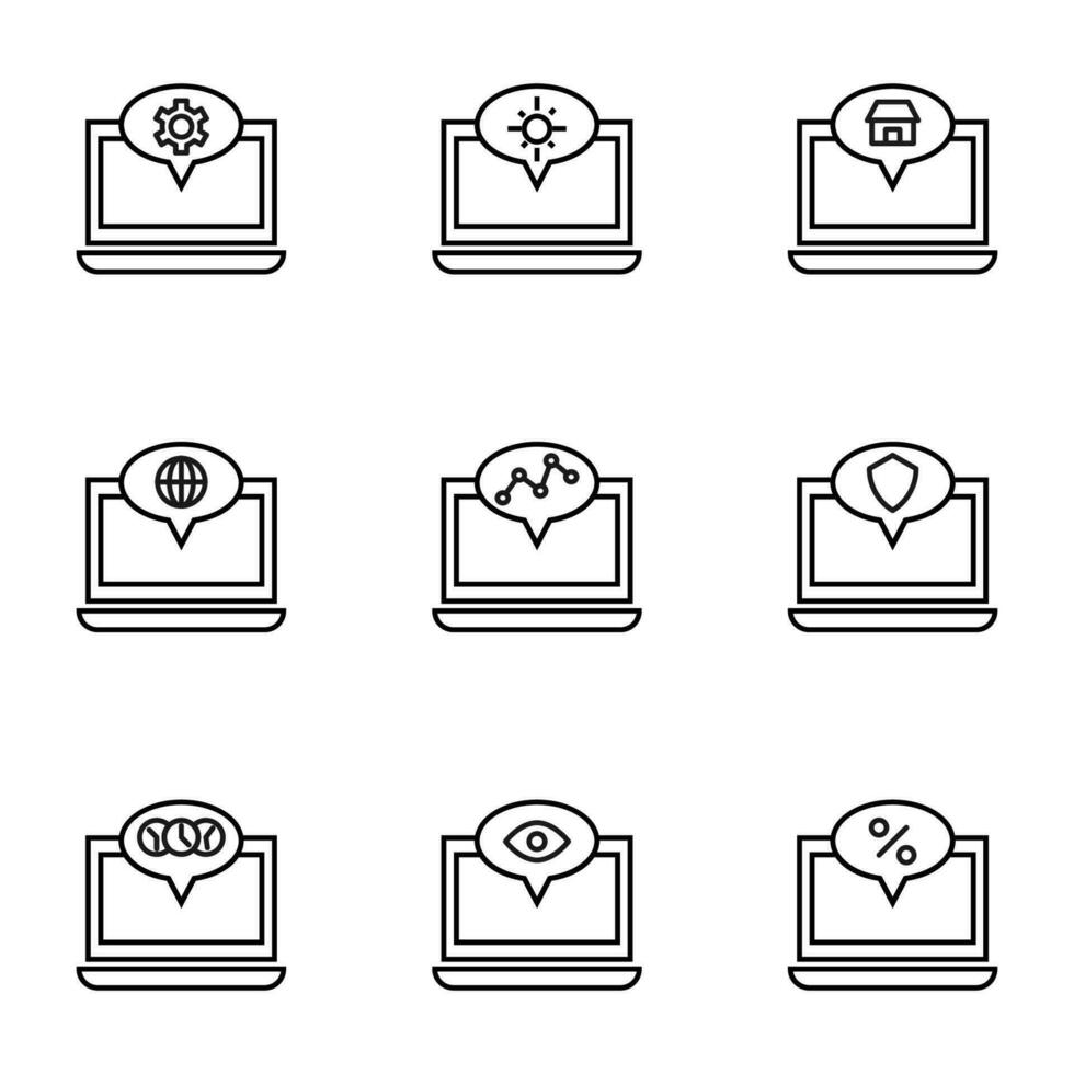 Set of signs for UI, adverts, books drawn in line style. Editable stroke. Icons of gear, sun, house, planet, progress, shield, clock, percent, eye on laptop vector