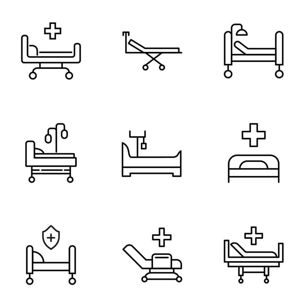 Vector line icon set for design, apps, banners, web sites. Editable strokes. Outline symbols of various hospital beds