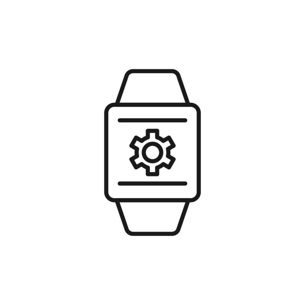 Gear by Wristwatch Isolated Line Icon. Perfect for web sites, apps, UI, internet, shops, stores. Simple image drawn with black thin line vector