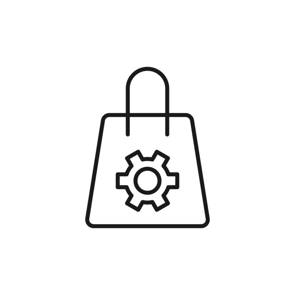 Gear on Shopping Bag Isolated Line Icon. Perfect for web sites, apps, UI, internet, shops, stores. Simple image drawn with black thin line vector
