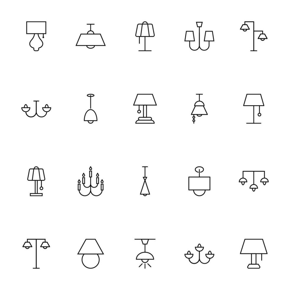 Chandeliers and Various Lamps Vector Line Icon Set. Perfect for design, infographics, web sites, apps.