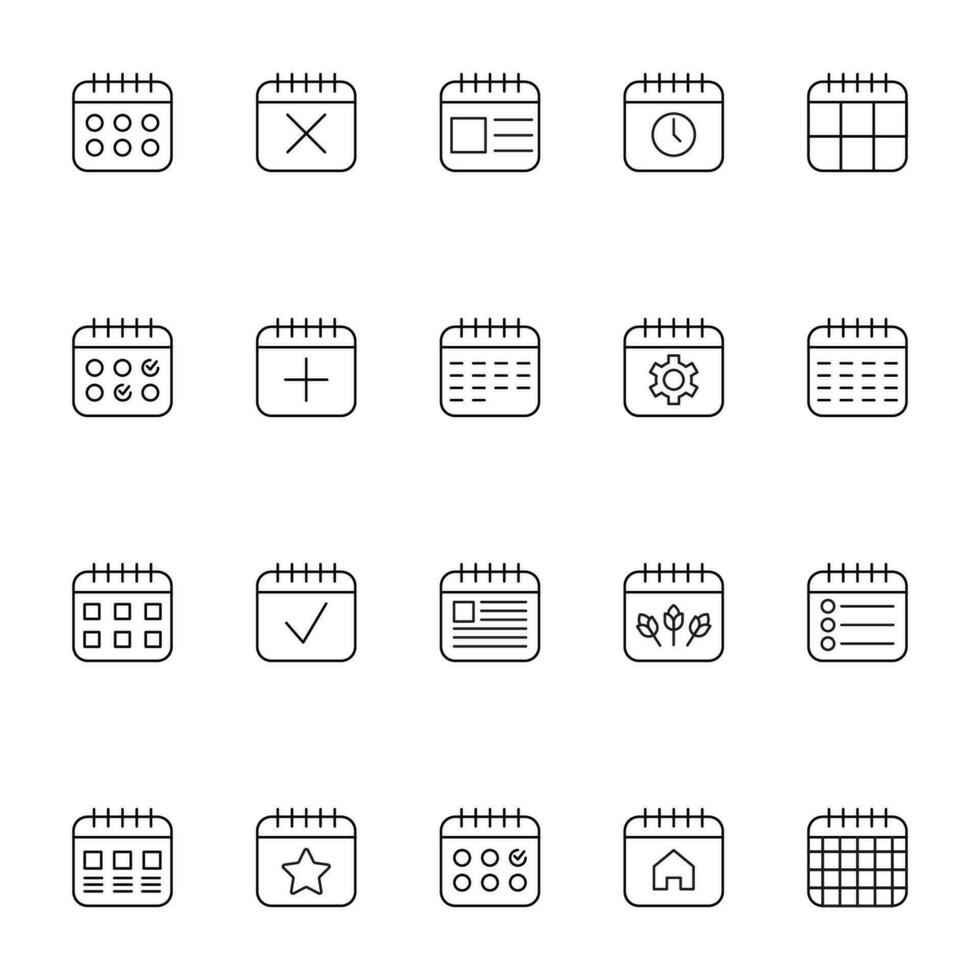 Calendars Vector Icons Collection. Suitable for books, stores, shops. Editable stroke in minimalistic outline style. Symbol for design