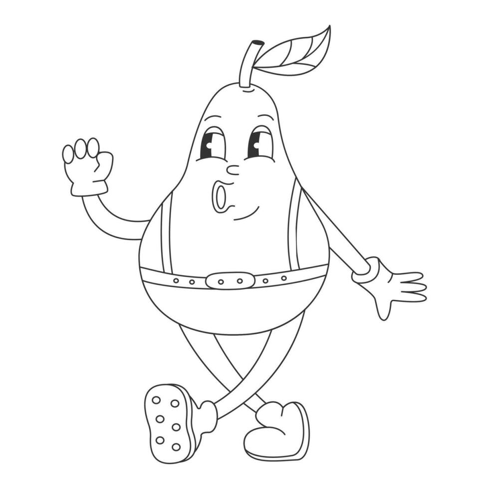 Coloring page with Fruit Retro Groovy Cartoon Hippie Character. Comic Pear Character on transparent background. Groovy Summer Vector Illustration. Sweet Juicy Fresh Fruit