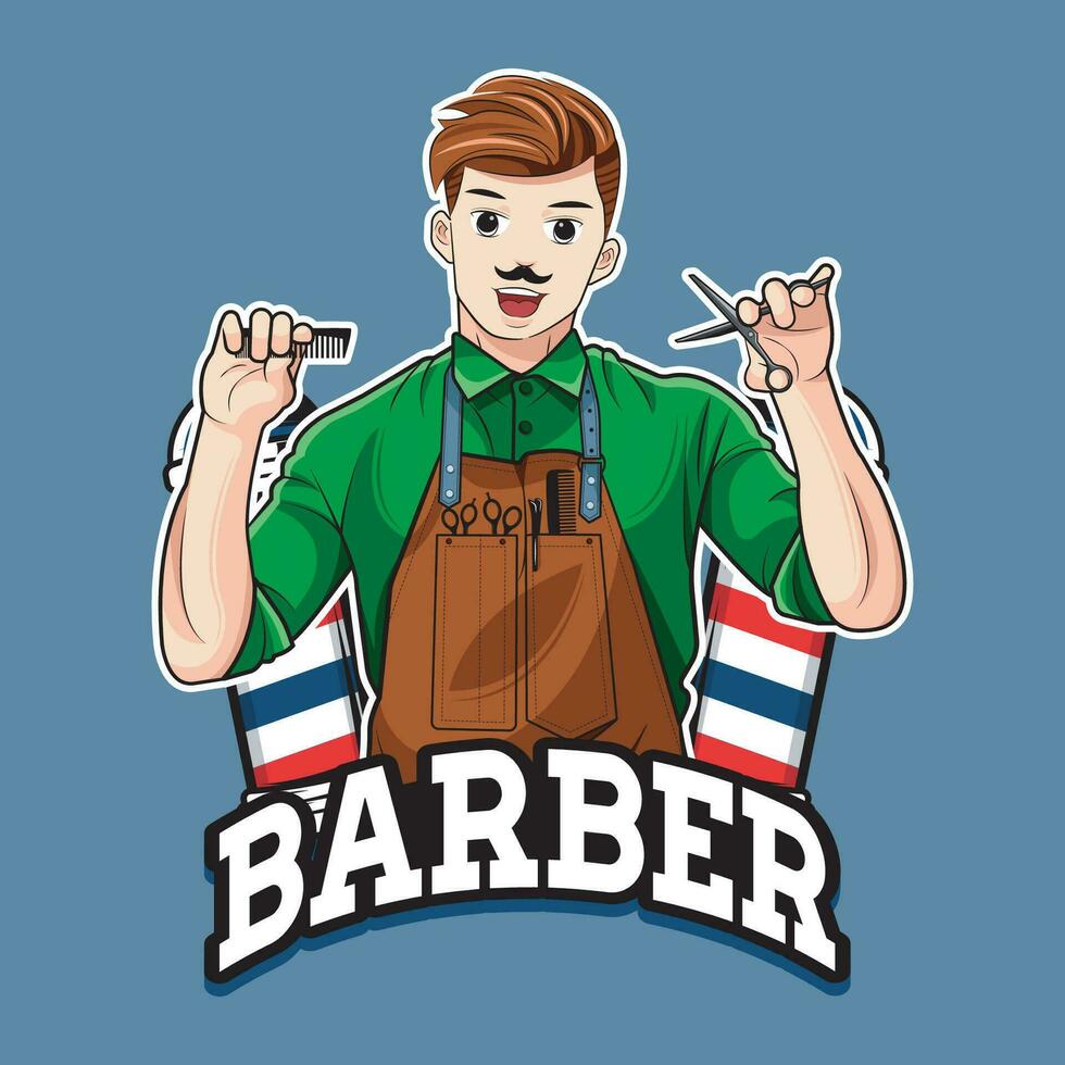 Smiling barber with comb and scissors. Mascot character logo. Vector illustration